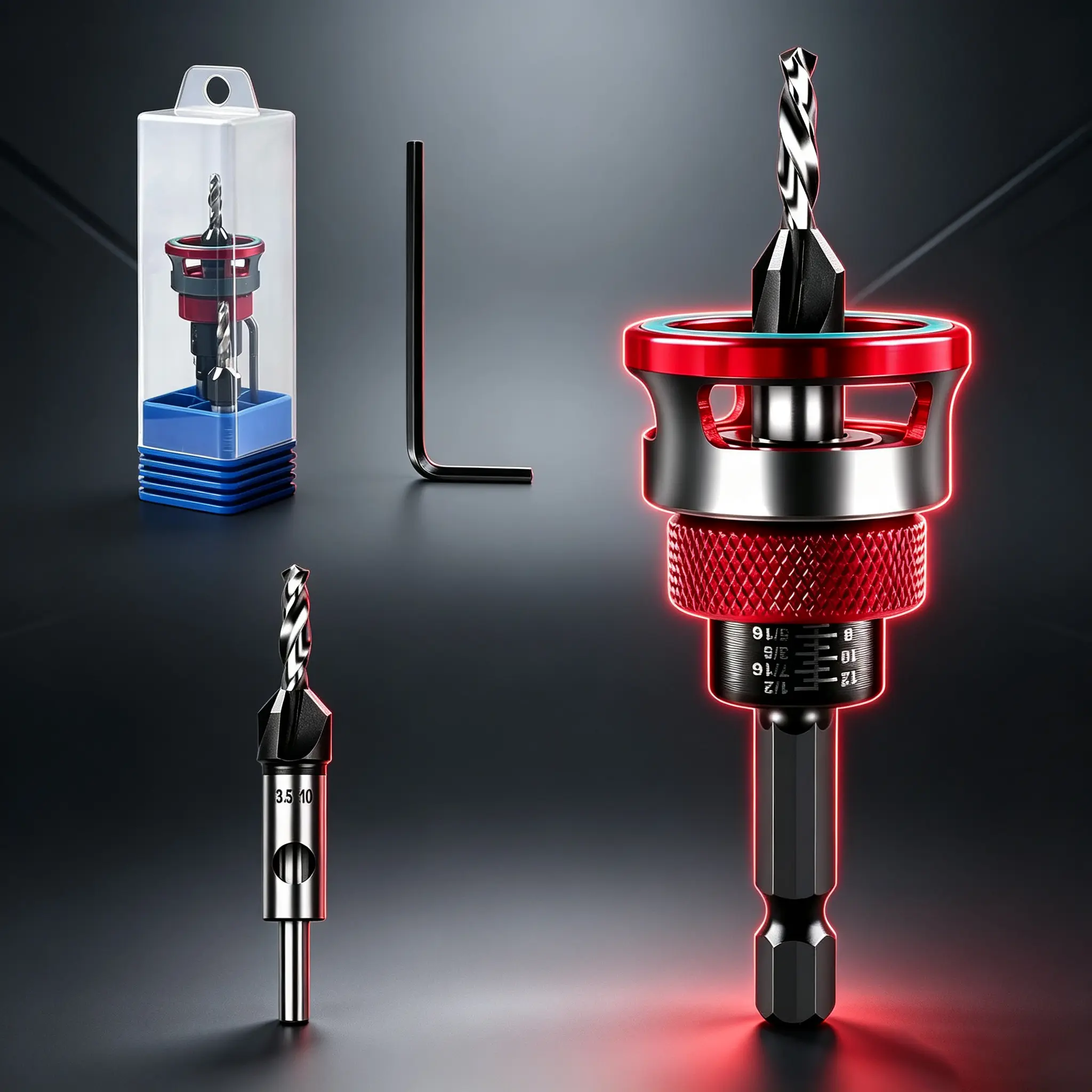 2PCS HCS Steel 4-Blade Countersink Drill Bit Set with Adjustable Depth Stops and L-Shaped Hex Wrench for Precision Drilling in Wood and Plastic