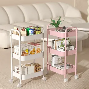 3-Tier Smooth Minimalist Steel Storage Trolley Cart with Wheels, Adjustable Narrow Space Rack for Kitchen & Bathroom, Includes Storage Box