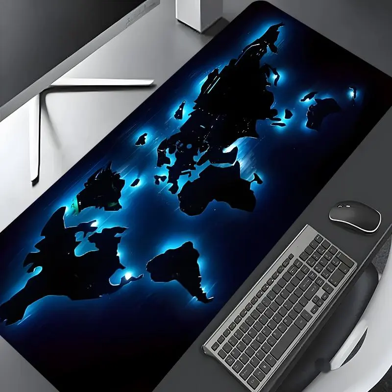 Neon Blue World Map Design Gaming Mouse Pad, Gaming Desk Accessory,Aesthetic Desktop Decoration Pad,Washable Rubber Non-Slip Lock Edge Multi-Size Mouse Pad Suitable For Home Office,Aesthetic Office Desk Accessories,Gift for Family and Friends