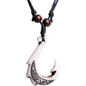 Hawaiian Fish Hook Pendant Hemp Cord Adjustable Chain - Maori Tribal Necklace
