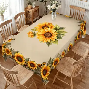 1 Piece Spring Summer Yellow Sunflower Printed Tablecloth with Edge Lace Design, Washable Table Cover, used for terrace indoor and outdoor decoration, Outdoor Patio Furniture