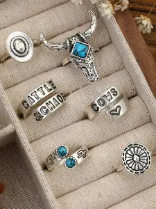 6pcs Vintage Western cowboy style Retro Turquoise Bull Head Cactus Highland Cow Ring Set Ethnic Style Women Jewelry Set