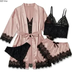 【Summervibes】Women's 4-Piece Satin Pajamas Set, Floral Lace Lingerie Sleepwear with Long Robe and Nightgown, Soft Silky Casual Loungewear, Elegant Home Nightwear Perfect for Daily Relaxation, Bedroom Wear and Holiday Gift Giving