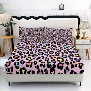 Colorful Leopard Print Bedding Set, Includes 1 Fitted Sheet and 2 Pillowcases, Polyester Material, Digital Printing, All Seasons Use