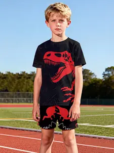 Carnotaurus Dinosaur Set Short Sleeve Shorts, 100% Polyester Casual Loose Fit, Summer Fun Print, Outdoor Sports T-Shirt Set, Perfect Gift for Boys