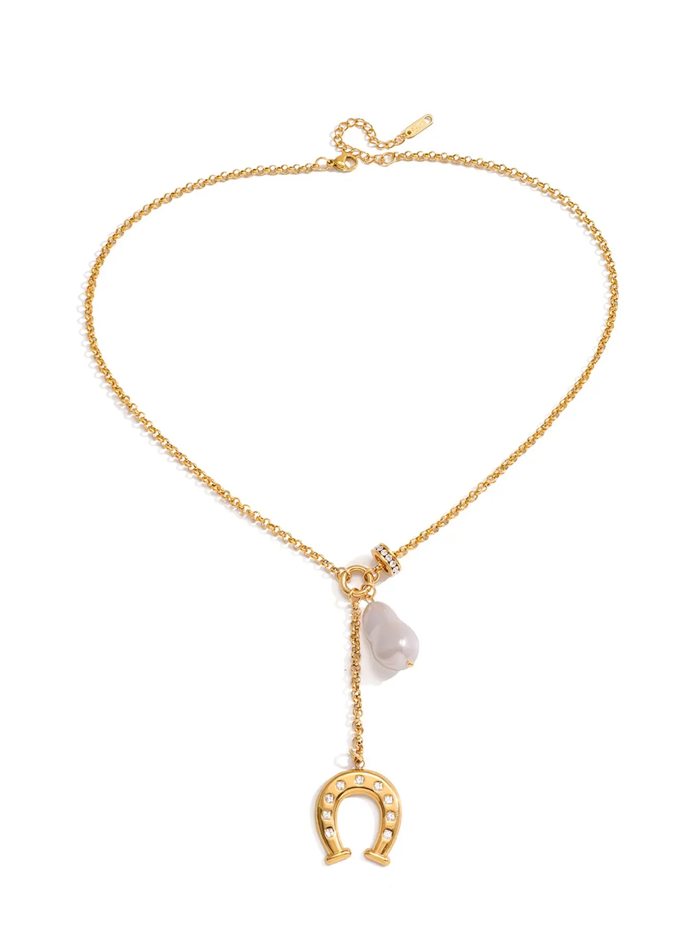 Elegant Imitation Baroque Pearl Crystal Horseshoe Pendant Dangling Pearl Necklace For Women 18K Gold Plated Stainless Steel Necklace Jewelry Necklace