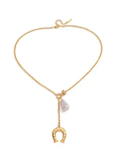 Elegant Imitation Baroque Pearl Crystal Horseshoe Pendant Dangling Pearl Necklace For Women 18K Gold Plated Stainless Steel Necklace Jewelry Necklace