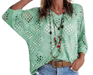 Women's Bohemian-Inspired Beige Crochet Top with V-Neck #Springtok #TikTokShopJumpstartSale Casual Chic