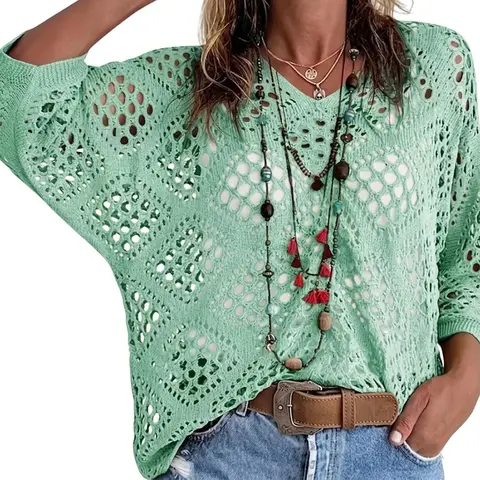 Women's Beige Bohemian-Inspired Crochet V-Neck Blouse Top - Casual Chic Textured Women's Clothes for Date, Work, Party, Wedding | Springtok TikTokShopJumpstartSale Cover-Up