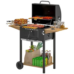 Outsunny Charcoal BBQ Grill with 245 sq. in. Cooking Area, Outdoor Barbecue Grill with Adjustable Charcoal Pan, 3 Shelves, Thermometer, Wheels for Patio, Backyard, Party, Picnic, Black