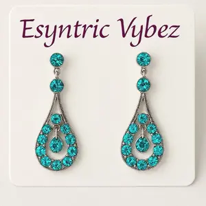Esyntric Vybez Aqua Goddess Drop Earrings with Teal Rhinestones and Silver Tone Setting