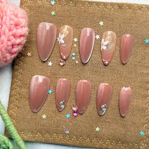 Personalized Nude Shimmer Press On Nails | Handmade Long Almond with Floral & Iridescent Foil Accents | Custom Elegant Nail Set