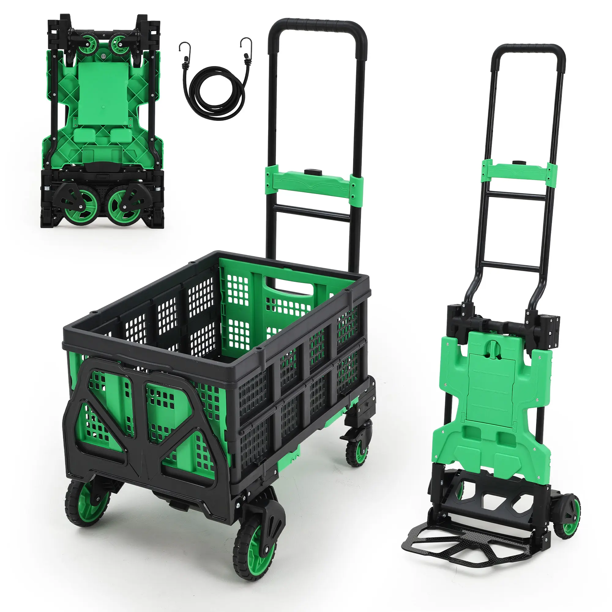 Heavy Duty Folding Hand Truck, 330 LB Capacity Portable Platform Dolly Cart with Collapsible Basket, Retractable Handle, Bungee Rope & Rubber Wheels, Perfect for Moving Luggage Office Use - SummerVibes Rolling Trolley, Collapsible Folding Wagon, Mobile Fo