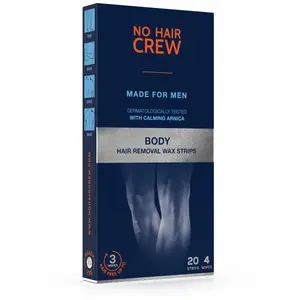 NO HAIR CREW Body Hair Removal Wax Strips - 20 Strips & 4 Soothing Wipes for Armpits Chest Legs Back Arms - Long Lasting Permanent Solution - Dermatologically Tested with Calming Arnica
