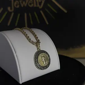 Gold Plated Mid San Judas Tadeo Coin Necklace with 24 Inch Rope Chain for Men and Women Unisex Jewelry Classic Design, Gold Coin Necklaces, Chain Accent Necklaces