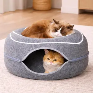 Cat Cave Donut - Cat Tunnel Bed for Indoor Cats – Cute Patterns Hideaway for Multiple & Large Cats, Scratch-Resistant (Dark Gray)