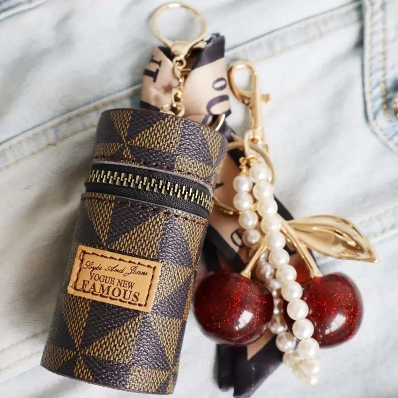 Luxury Checkered Lipstick Bag Charm, Pearl Cherry & Scarf Chain Pendant, Vintage Designer Style Keychain for Backpack Purse, Fashion Bag Charms, Ideal for Fashion Aesthetic & High Street Style Lovers
