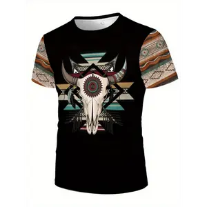 Men's Vintage Cowboy & Aztec 3D Print T-Shirt - Oversized, Crew Neck, Short Sleeve Streetwear with Stretch Fabric