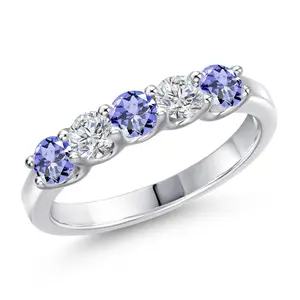 Gem Stone King 925 Sterling Silver Blue Tanzanite and Lab Grown Diamond Wedding-Bands Ring For Women | 0.88 Cttw | Round 3.5MM | Gemstone December Birthstone
