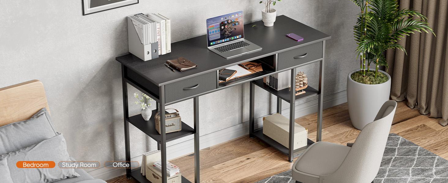 Sweet Furniture F Computer Desk with 2/3 Drawers 32/48 Inch with Storage Space Fabric Side Bag Headphone Hook Metal Frame Adjustable Feet