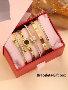 5-Piece Elegant Luxury 304 Stainless Steel Exquisite Bracelet Set with Gift Box, Unisex High-Quality Fashion Jewelry, Perfect for Holidays