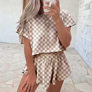 Brown Checkerboard T Shirt and High Waist Skorts 2 Piece Outfit