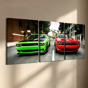 3 Pcs/Set Wooden-Framed Canvas Painting Car Pattern, Two Muscle Cars Racing Triptych Canvas Wall Art, Green & Red Motion Blur Print for Living Room, Bedroom & Man Cave, Garage, Office Decoration, Modern Home Decor, Fashion Artistic Ornaments, Artwork