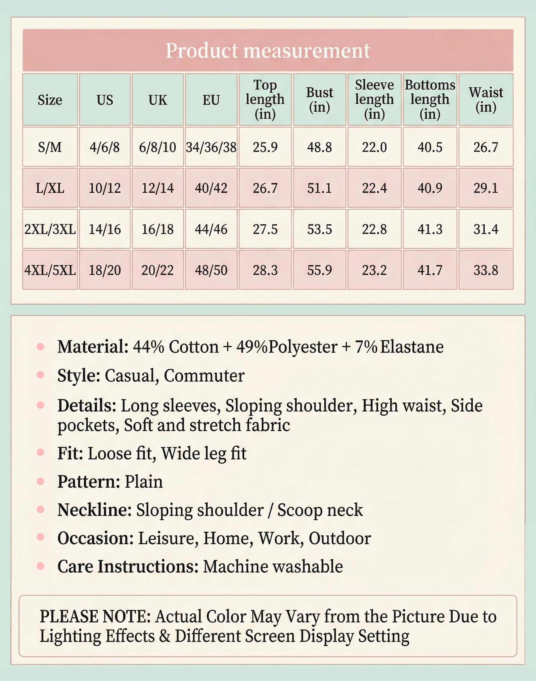 KatchMe Women's Leisure Solid Color Sloping Shoulder Long Sleeve Top & Wide Leg Trousers Co-ord Set & Separates, Cozy Scoop Neck Loose Outfits, Soft Womenswear