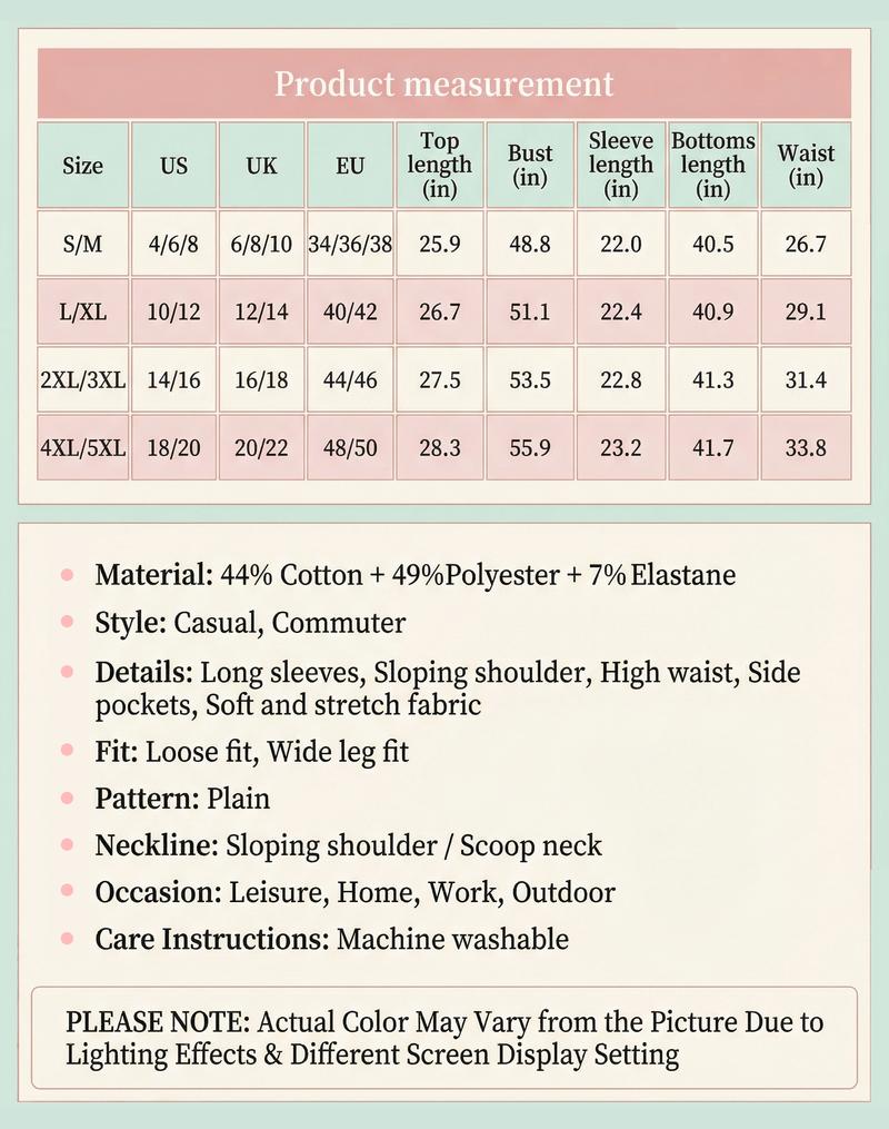 KatchMe Women's Leisure Solid Color Sloping Shoulder Long Sleeve Top & Wide Leg Trousers Co-ord, Cozy Scoop Neck Loose Two Piece Outfits, Basic Womenswear