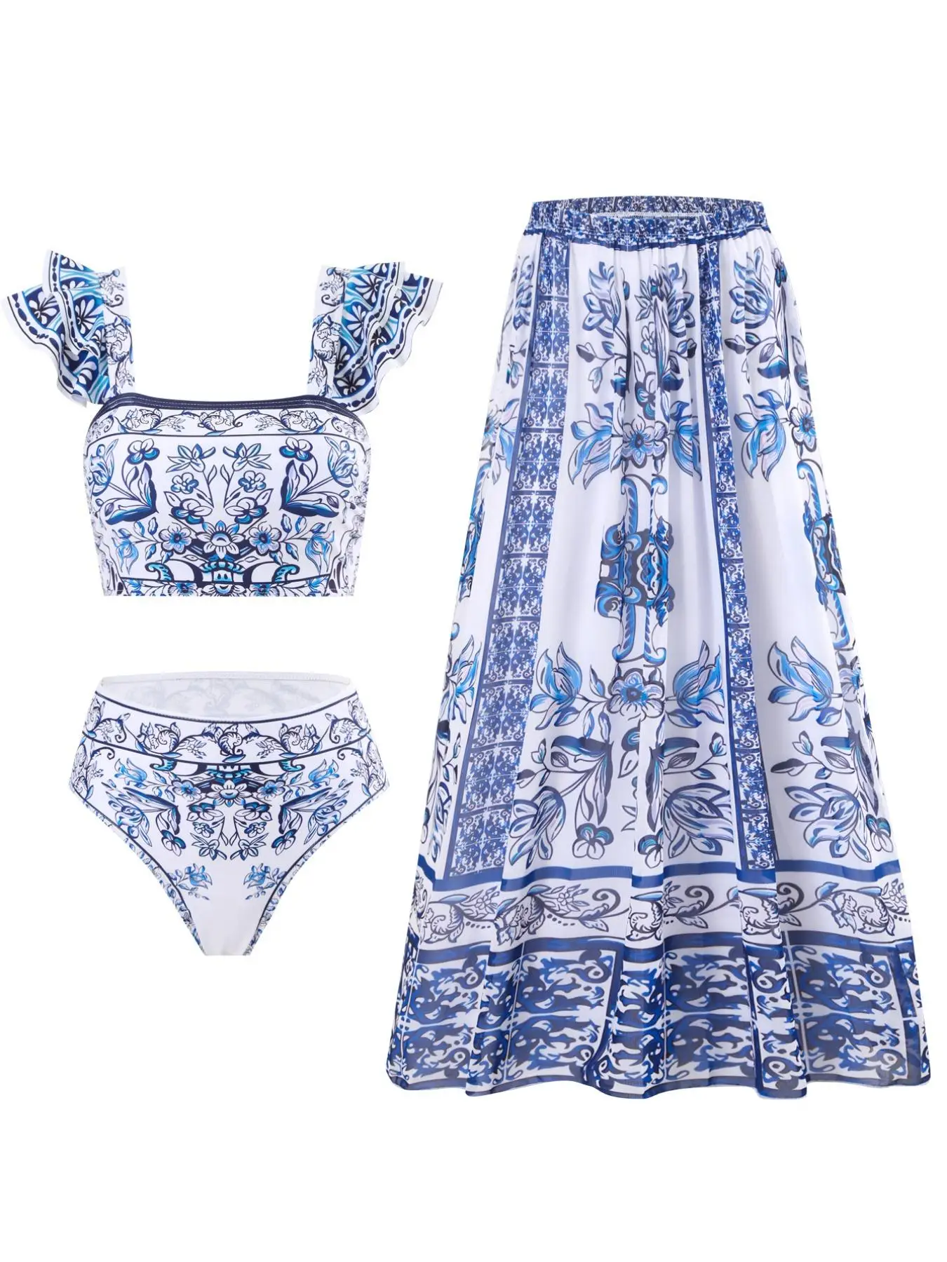 Three-piece Set Women's Floral Print Swimsuit Set, Boho Fashion Layered Ruffle Trim Swim Top & Swim Panty & Cover Up Skirt Set, Three-piece Swimwear f
