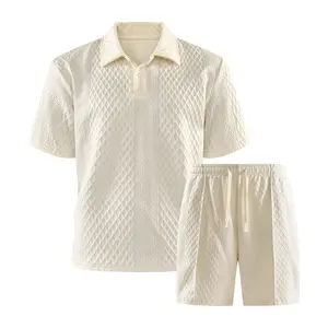 Men’s casual set featuring jacquard design and comfortable fabric; short-sleeve shirt with a turn-down collar and buttons; jacquard shorts with a drawstring.