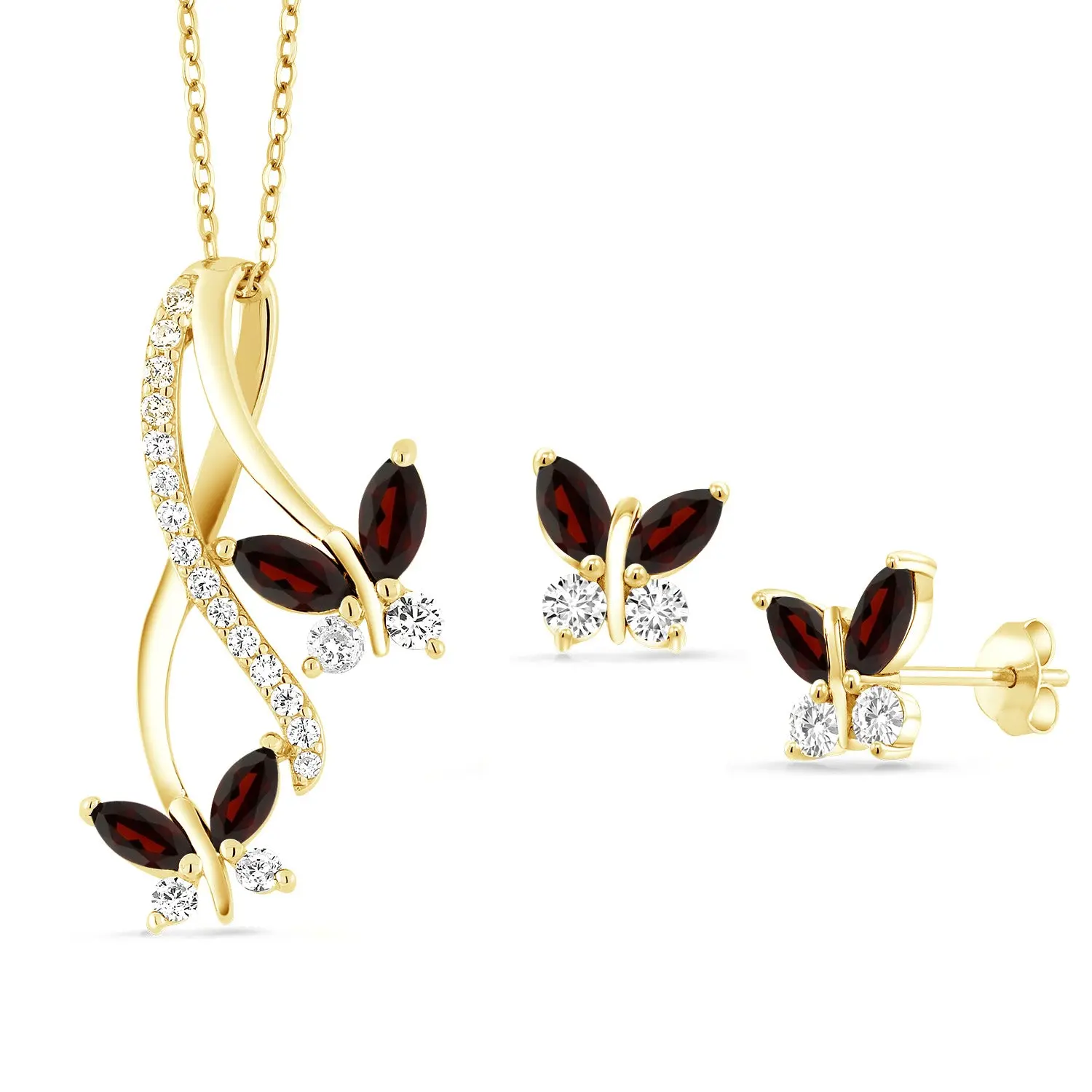 18K Yellow Gold Plated Silver Red Garnet Pendant and Earrings Jewelry Set For Women | 2.25 Cttw | Gemstone Birthstone | With 18 Inch Chain | Fine Jewelry Gifts for Women Mom Wife Her