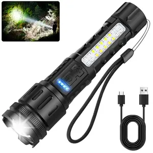 Strong Light Flashlight USB Rechargeable with Emergency White Light and Red & Blue Alarm Lights.with 7 Modes, IPX4 Waterproof, Versatile Use