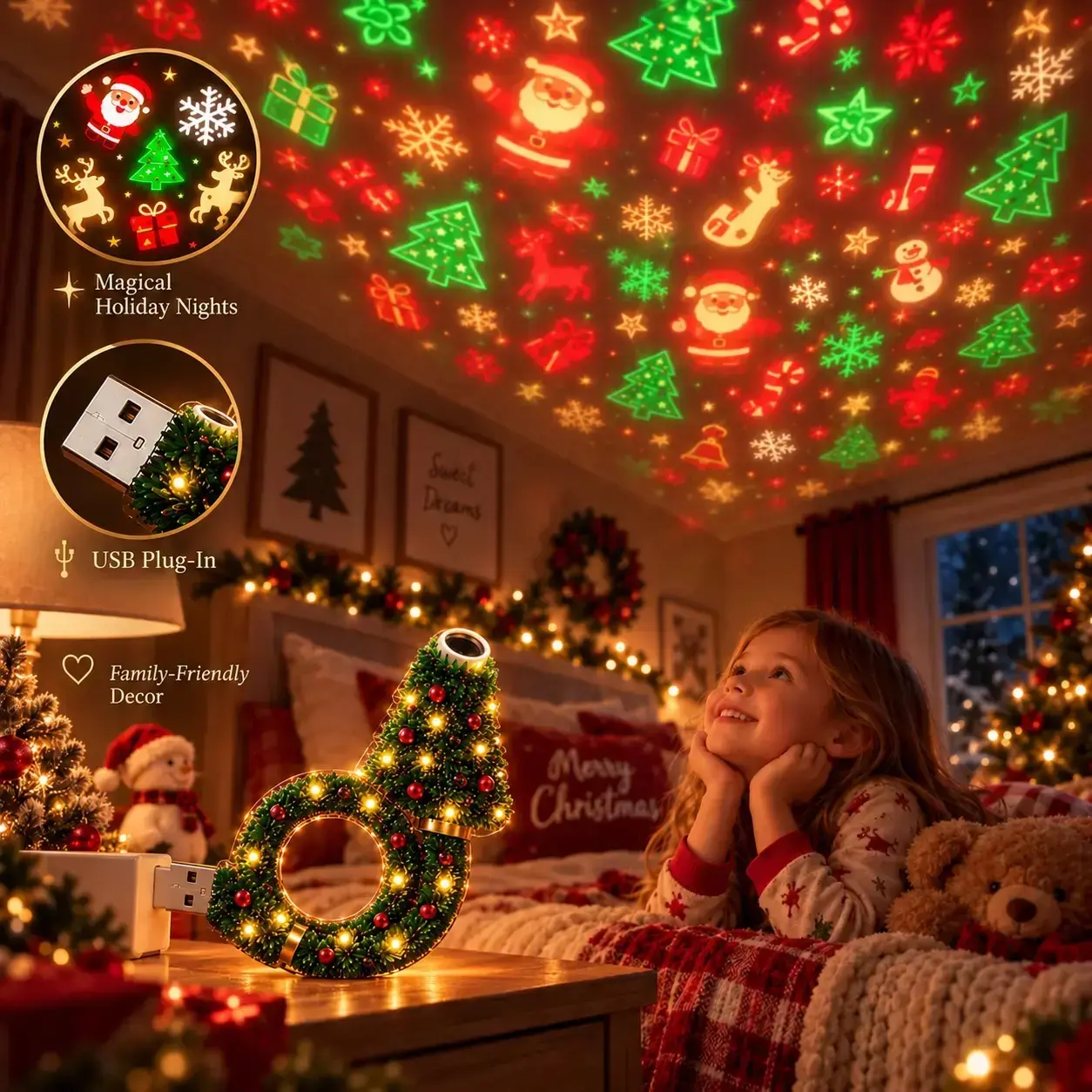 USB-Powered Christmas Projector Night Light, 6+ Holiday Pattern Ceiling and Wall Projection Lamp, Flexible Christmas Tree LED Room Decor for Bedroom, Party and Holiday Gift Ornaments Set