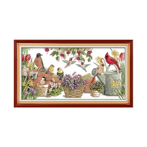 Garden Birds Joyful Gathering Cross Stitch Kit 254X128 Counted Embroidery DIY Craft Traditional Floral Wildlife Wall Art for Living Room Holiday Gift
