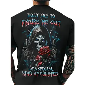 100% Cotton – Men’s Gothic Skull Graphic T-Shirt – “Don’t Try to Figure Me Out” Back Print Tee