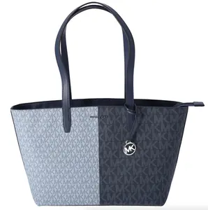 Pre-owned MICHAEL KORS PVC Tote Bags Jet Set Travel Medium Top Zip Tote Navy Multi MK Signature