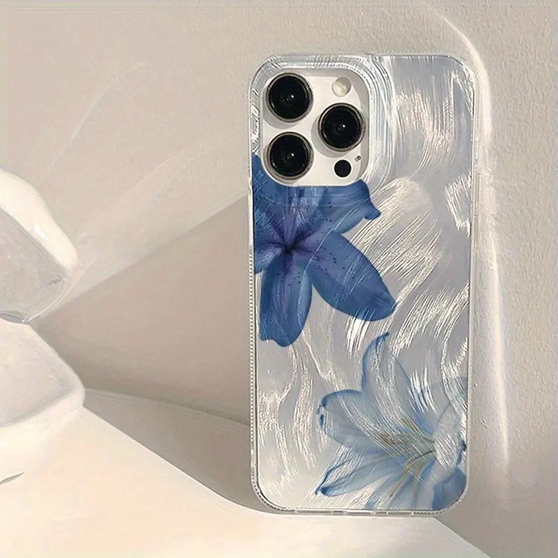 1PC blue and white lily fashion pattern IMD tulle phone case, transparent IMD soft and smooth phone case, compatible with iPhone 17/16/15/14/13/12/11/X/XS/XSMAX, perfect as a holiday gift for friends, family, or yourself., Cover, Accessories, Smartphone,s