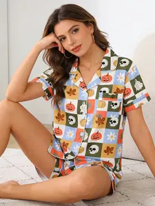 Girly Edgy Checkerboard Fall Pajama Set for Women, Button Down Short Sleeve, Spring Summer Casual Loungewear, Pumpkin Print, Stylish Homewear
