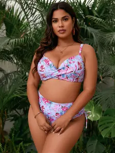 Women's Plus Size Bikini Set Twist Front V-Neck Side Tie High Waisted Two Piece Swimsuit