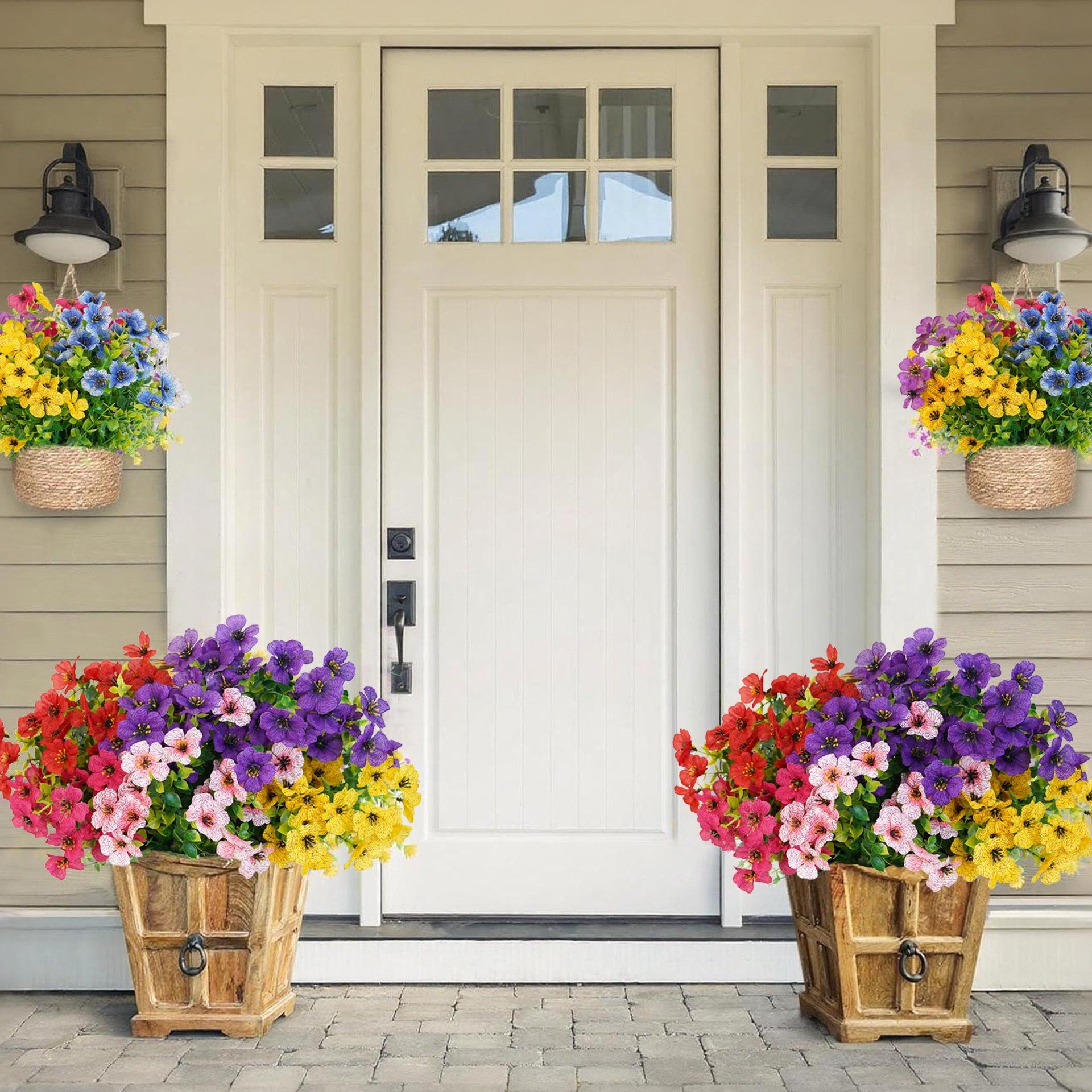 Artificial mixed flowers, 8 pieces/set, outdoor UV-resistant colorful artificial flowers, fake outdoor flowers, eucalyptus and violet, decorative flowers, decorative bouquets suitable for home, garden and porch decoration