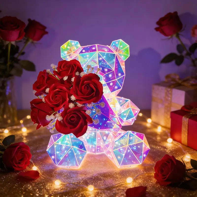 Valentine's Day Decor: Glowing LED Rose Hugging Bear (Includes Gift Box) Battery and USB Powered Perfect for Valentine's Day Gifts, Wife Gifts, Daughter Birthday Gifts, Couple Gifts
