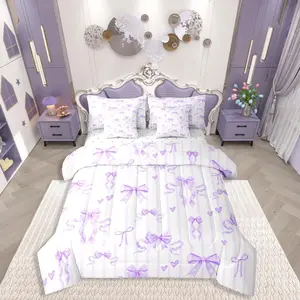 Princess Purple Ribbon Bow Girls Bed Bag with Sheets,Love Heart Bowknot Comforter Bed Set,7 Piece Kids Teens Women Purple Stripes Bedding Set,Romantic Bed Set