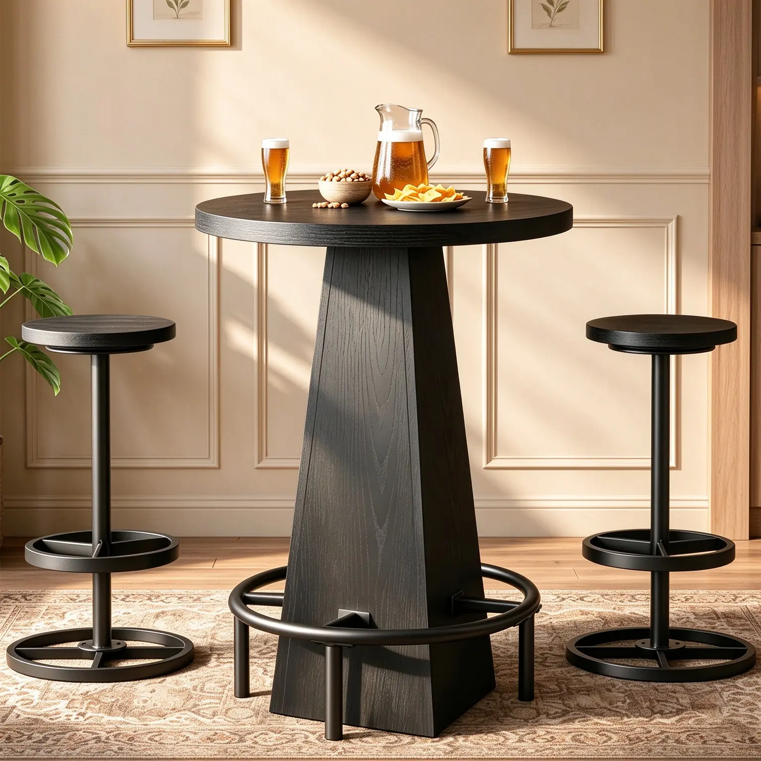 Bar Table Set with 2 Chairs, 36" Round Bistro Pub Table with Metal Footrest, Black Wood Grain High Top Cocktail Table for Kitchen Nook, Apartment, Small Space, Industrial Dining Furniture