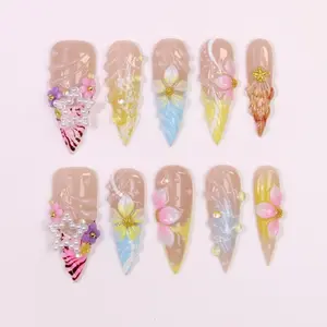 Beach Seashell 3D Floral Press On Nails | Pearl & Starfish Beachy Nails | Summer Vacation Stiletto Nails