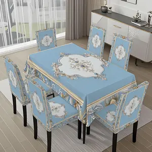 5/7-piece 2D Flat Printing Blue and White Gold - edged Floral Decoration Printing Pattern Tablecloth and Chair Covers Set, dining chair slipcover, for dining table and chair decoration, perfect for home, holiday gatherings, restaurants, and parties.