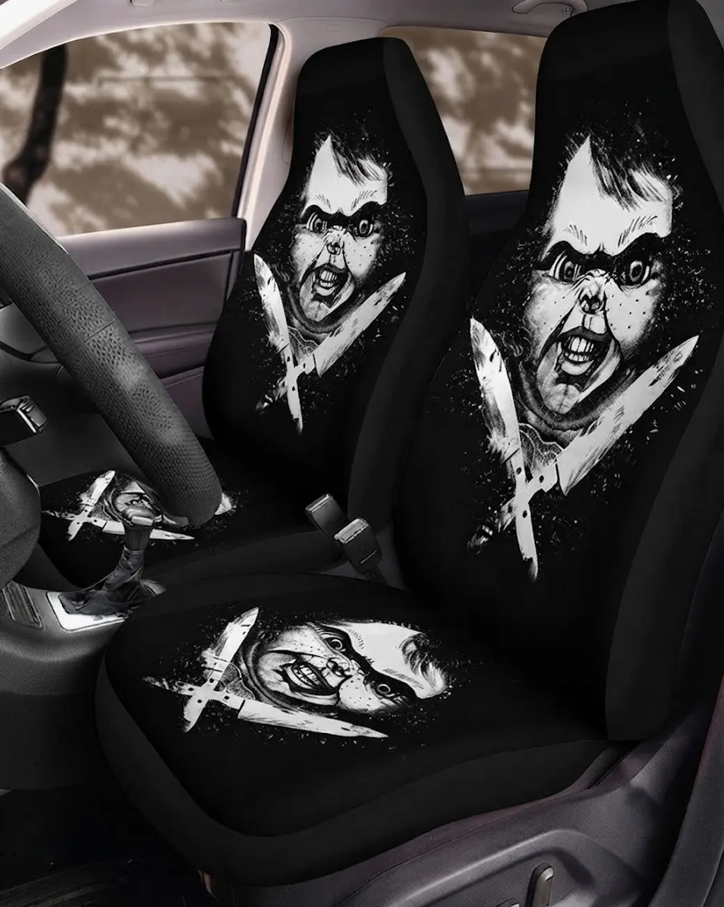 Chucky Car Seat Covers, Creepy Horror Killer Doll Auto Accessories, Halloween Front Seat Protectors, Universal Fit Car Interior