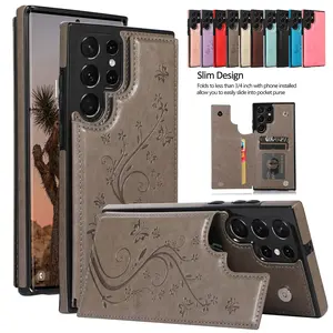 For Samsung S25 Ultra S24 Plus S23 Case Soft PU Leather Retro Butterfly Flower Embossed Shockproof Wallet Double Magnetic Clasp Protective Flip Fold Stand with 3 Card Slots Pocket Women Soft Folio Cover For Mom