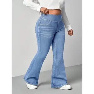 Plus Size Blue Denim Flared Jeans With Stretch Casual Skinny Elastic Flare Leg, High Waist Leggings Women Plus Size Elastic Waist Skinny Leggings, Casual Lightweight Stretch Denim Jersey Fabric, Suitable For Yoga, Sports, Outdo Co