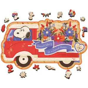 Peanuts Snoopy Puzzle – Blooms on Wheels – Wooden Puzzles for Adults, 300 Pieces Unique Shaped Jigsaw Puzzles, Precision Laser Cut, 5MM Thick, Officially Licensed Merchandise, 17.7" x 10.4"